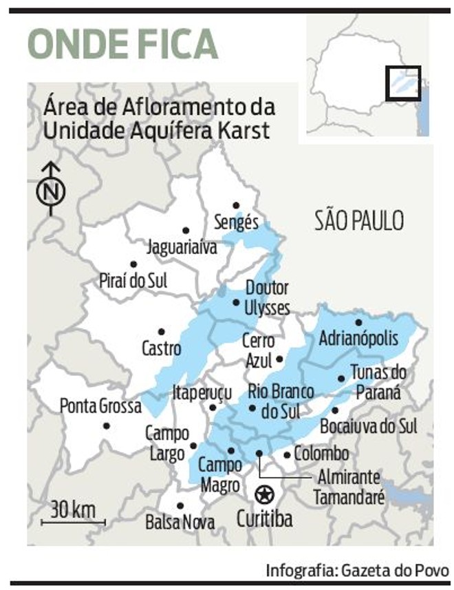 Veja onde fica a Área de Afloramento da Unidade Aquífera Karst |