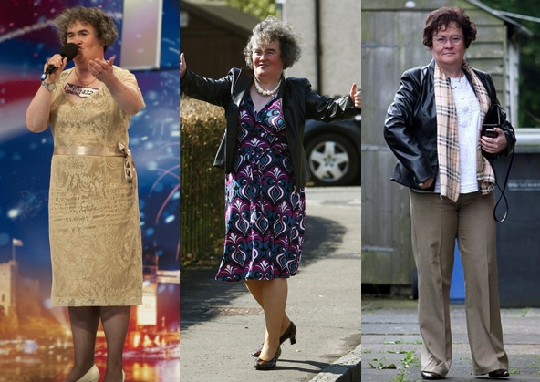 Susan em três momentos: "senhorinha" no programa de TV que a revelou; de volta para casa, com vestido colorido; e o visual repaginado, com cachecol fashion e cabelos pintados | Reuters