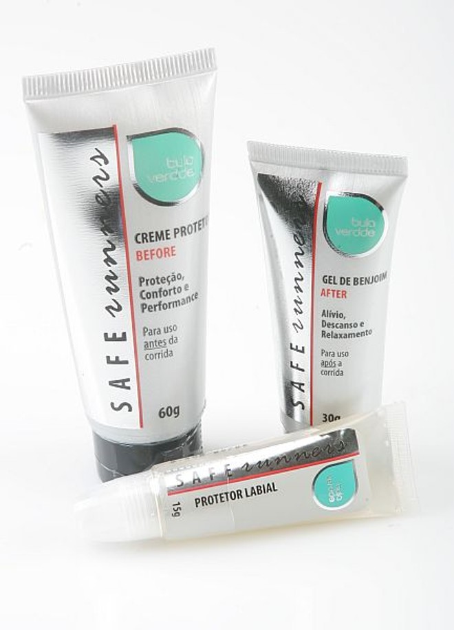 Para o corpo. O kit Safe Runners reúne um creme que protege a pele do atrito da roupa e do tênis, um gel que alivia dores causadas pelo excesso de exercícios e um protetor labial. Produzido pela Bula Verdde, custa R$ 36 | 
