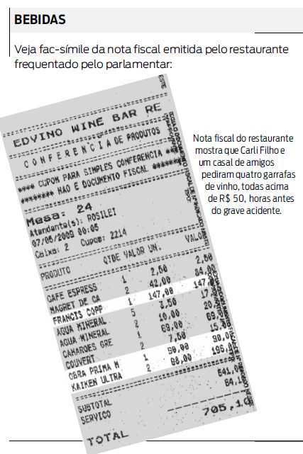 Veja fac-símile da nota fiscal emitida pelo restaurante frequentado por Carli |