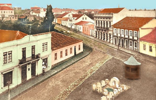 Largo da Ordem, em 1908, em foto colorizada atualmente | 