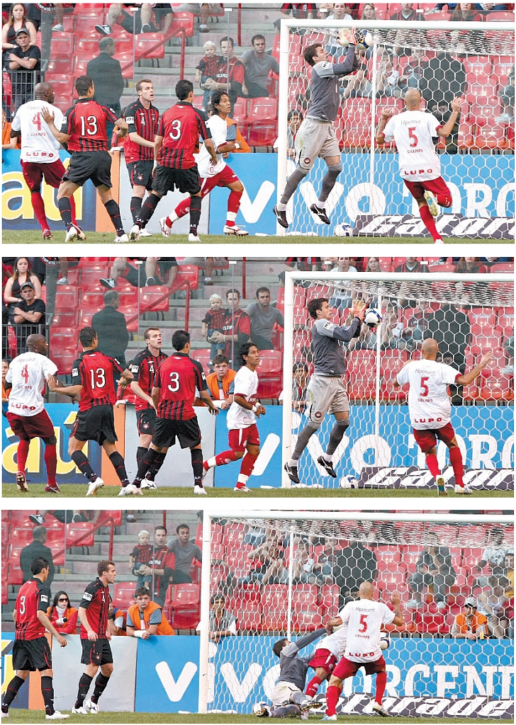 A chave do jogo: Galatto sobe para uma tranquila defesa, mas solta a bola no pé de Anderson Lessa, que faz o gol de empate do Timbu | Fotos: Pedro Serápio/Gazeta do Povo