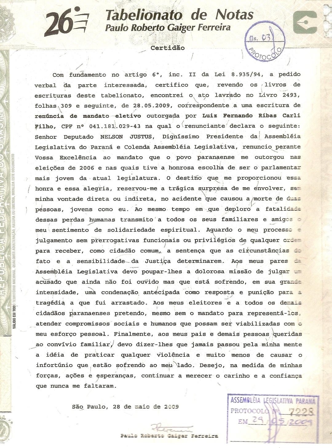Documento enviado pela defesa que comunica a renúncia do deputado estadual Carli Filho | Reprodução/Assembleia Legislativa