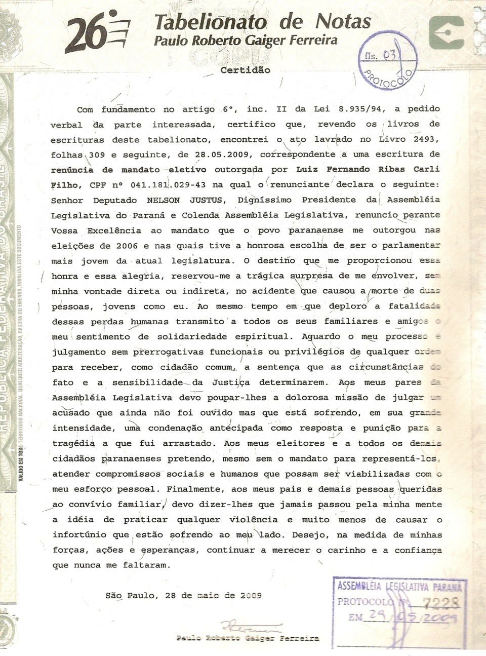 Documento enviado pela defesa que comunica a renúncia do deputado estadual Carli Filho | Reprodução/Assembleia Legislativa