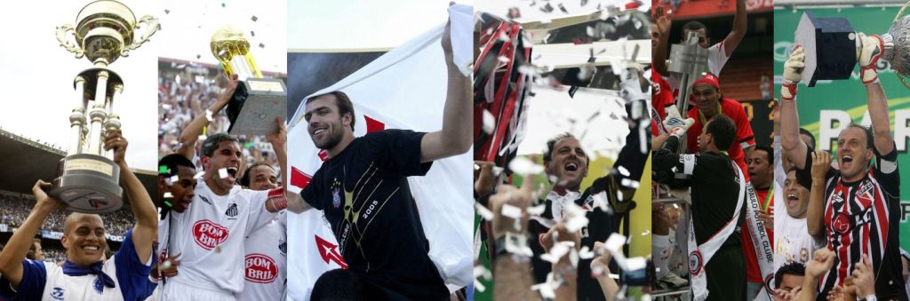 Os campeões na era dos pontos corridos: Alex (Cruzeiro, 2003), Ricardinho (Santos, 2004), Roger (Corinthians, 2005) e Rogério Ceni (São Paulo, 2006, 2007 e 2008) | Paulo Whitaker/Reuters - Marcelo Alves - Bruno Domingos/Reuters - Rickey Rogers/Reuters - Vipcomm -