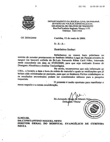 Reprodução do pedido de amostra de sangue do deputado recebida pelo Hospital Evangélico | Reprodução