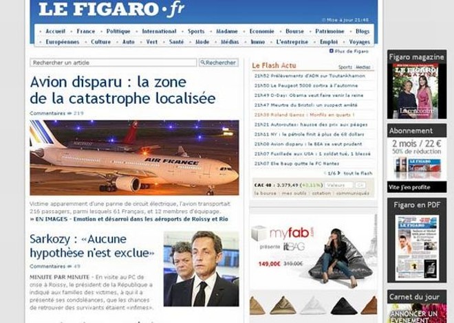Capa do site do jornal francês Le Figaro destaca o acidente com voo da Air France: Avião desaparecido: zona da catástrofe localizada, diz a manchete. Uma notícia mais abaixo cita o presidente Nicolas Sarkozy: Nenhuma hipótese está excluída |