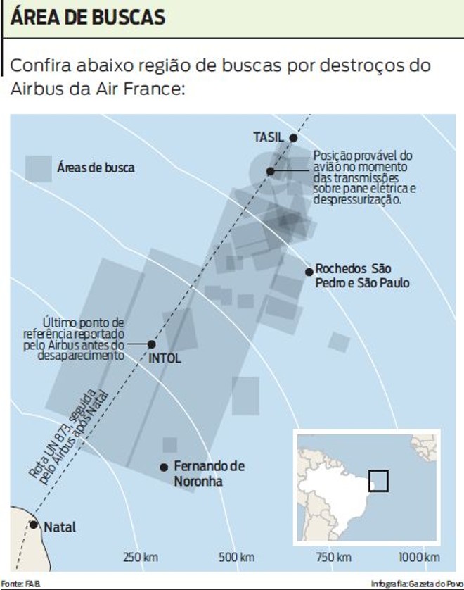 Confira abaixo região de buscas por destroços do Airbus da Air France |