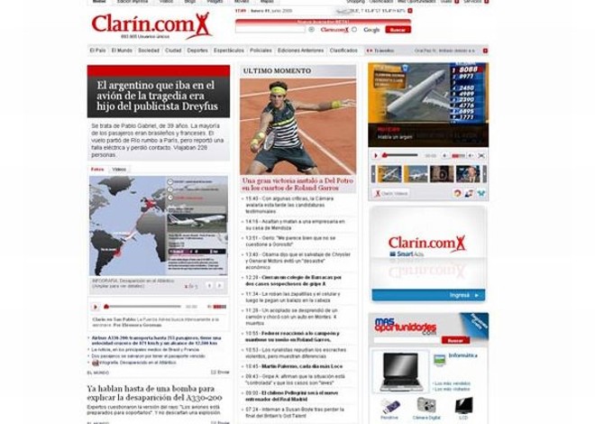 Até mesmo o site do jornal argentino Clarín destaca o desaparecimento do avião que ia do Rio a Paris, dando atenção especial a um argentino que era passageiro do voo. O site traz um pequeno infográfico mostrando onde o avião sumiu, uma matéria citando as teses que falam em explosão de bomba e outra sobre a angústia dos familiares | 