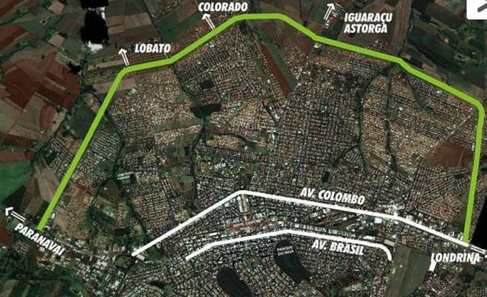 A linha verde indica o trecho por onde o Contorno Norte vai passar por Maringá | Divulgação