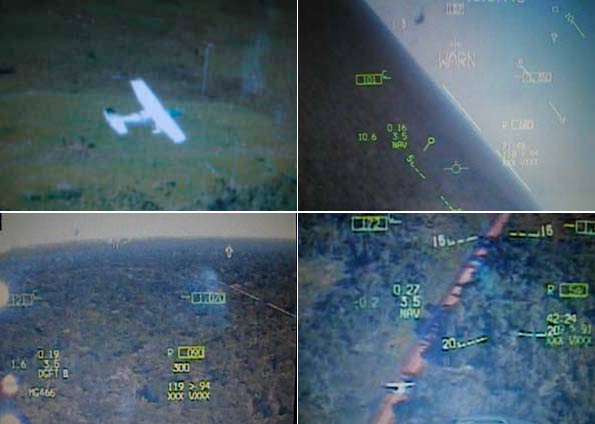 No sentido horário, avião que invadiu o espaço aéreo brasileiro é interceptado por avião da FAB; sem obedecer as ordens de pousar, é perseguido; avião militar brasileiro dá tiros de advertência (risco tracejado à direita); por fim, o monomotor obedece e pousa | FAB/Divulgação