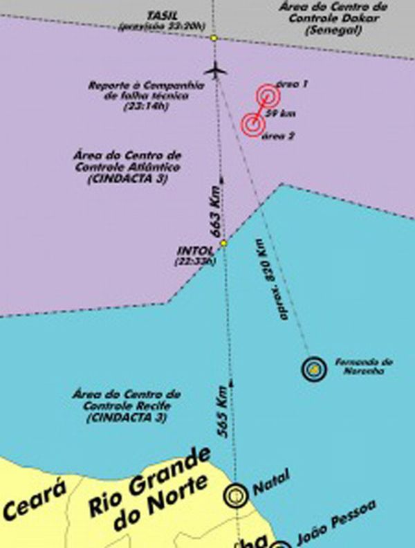 Mapa feito pela FAB mostra local onde vestígios foram encontrados | Divulgação / Força Aérea Brasileira