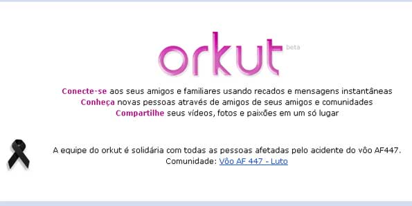Texto e imagem para homenagear as vítimas foram divulgados na página inicial do Orkut | reprodução