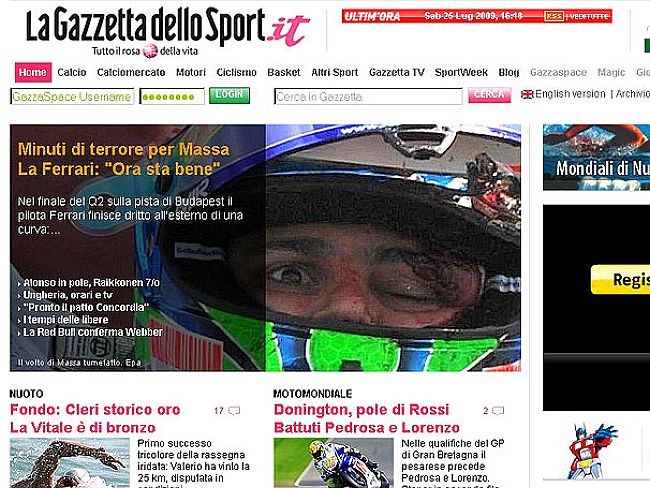 Jornal italiano "La Gazzetta Dello Sport" publica foto de Felipe Massa gravemente machucado | Reprodução//Gazeta Dello Sport