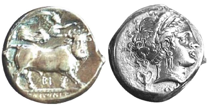 Estas moedas, conhecidas como didracmas de prata, foram cunhadas na Itália, em Neapolis, no ano 317 a.C. |