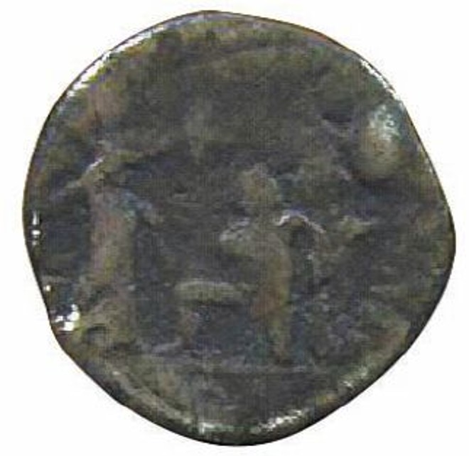 Moeda romana do século 2º a.C., com uma mulher e um homem, supostamente um prisioneiro |