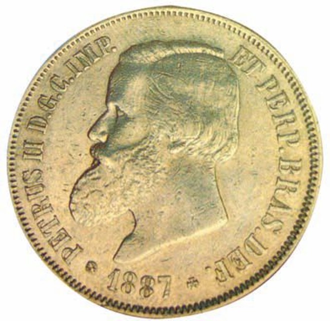 Efígie do imperador brasileiro Dom Pedro II, circundada pela inscrição