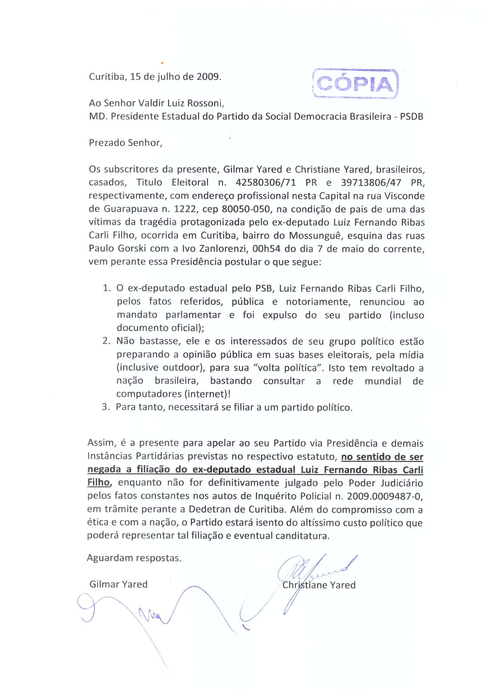 Leia a integra da carta escrita pela família Yared | Reprodução