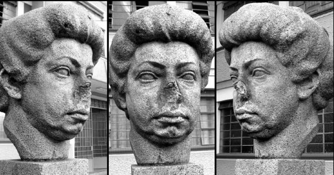 Sequência de fotos do busto de Júlia Wanderley mutilado, em frente do colégio | 