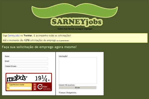 Página inicial do site "Sarney Jobs", que registra pedidos de emprego ao presidente do Senado, José Sarney (PMDB-AP) | Reprodução