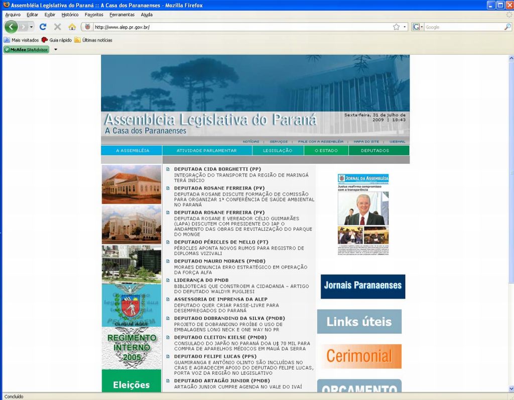 Fac-símile da página na internet da Assembleia Legislativa paranaense: site, de acordo com o estudo, não cumpre os requisitos mínimos para que o cidadão possa acompanhar as atividades dos parlamentares | Reprodução