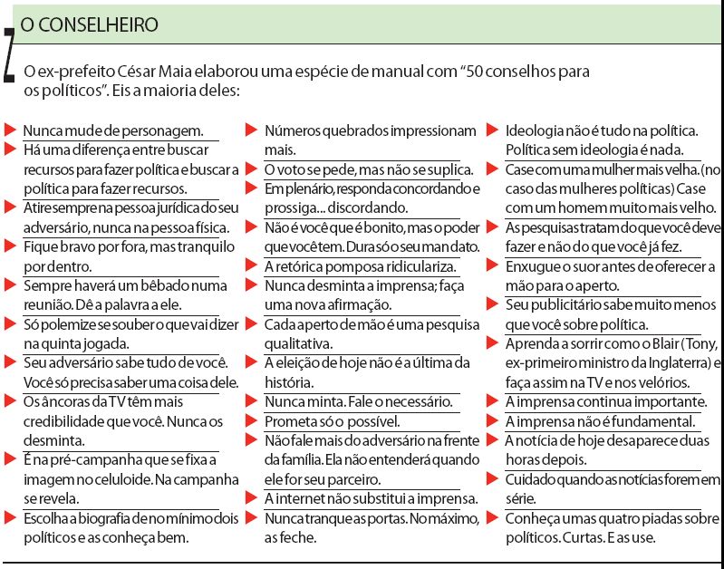 Veja conselhos que estão no manual "50 conselhos para os políticos" |