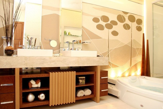 Bancada do banheiro em mármore travertino rústico, projeto de Samara Barbosa | 