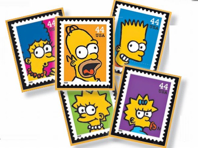 Os cinco selos lançados pelos Correios norte-americanos: Marge, Homer, Bart, Lisa e Maggie |