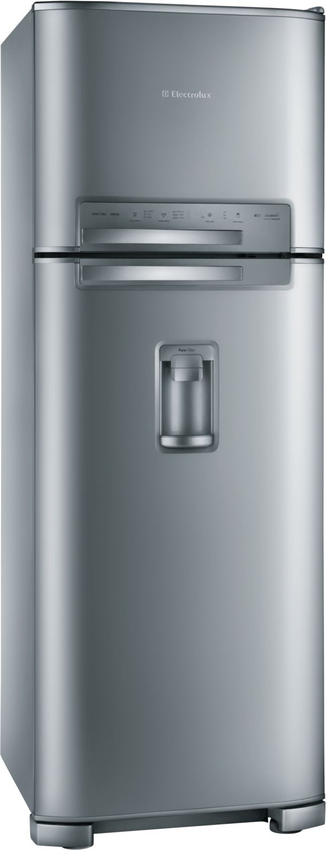 Refrigerador Celebrate Elegance com Blue Touch (DW50X), da equipe de design da Electrolux de Curitiba. Tem painel eletrônico touch-on control e o maior freezer da categoria (110 litros). Bronze na categoria Casa |