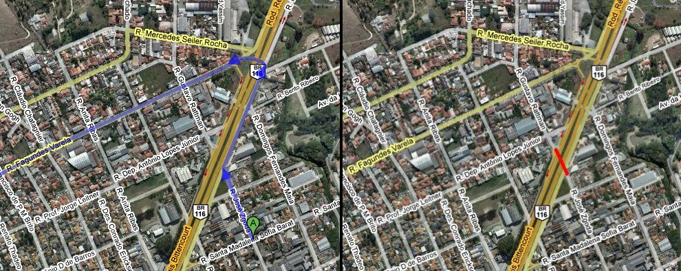 Imagem à esquerda mostra como é o trânsito atual. À direita, local da instalação da trincheira |