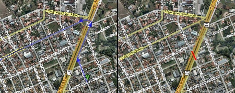 Imagem à esquerda mostra como é o trânsito atual. À direita, local da instalação da trincheira |