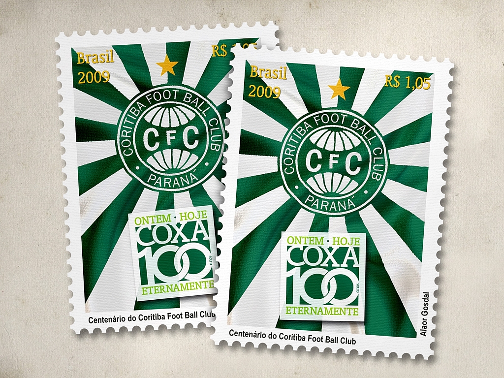 Imagem dos selos comemorativos ao aniversário de 100 anos de fundação do Coritiba, que será comemorado na segunda-feira | Divulgação