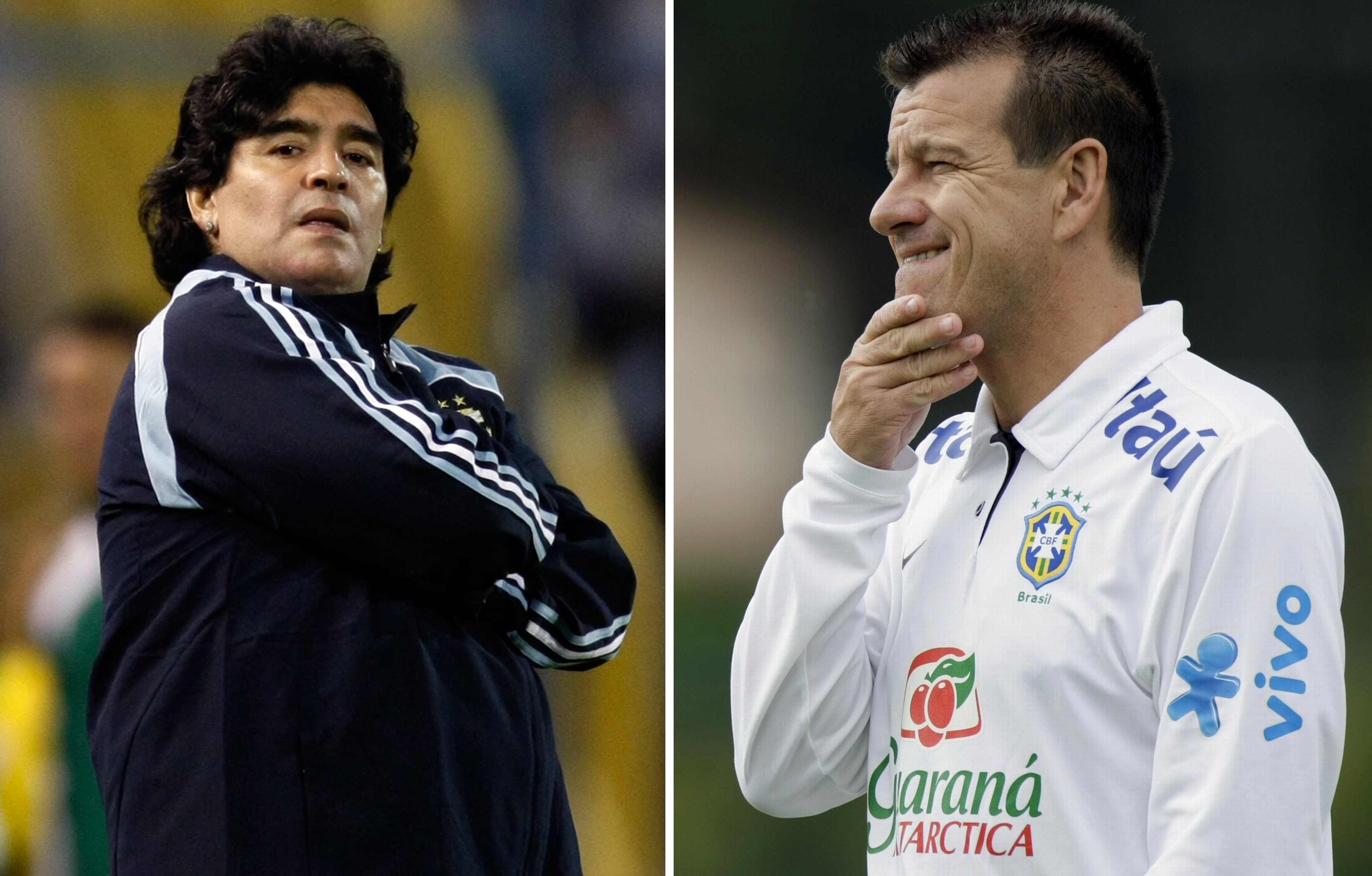 Em setembro, Dunga e Maradona se enfrentaram na Argentina, pelas Eliminatórias, com vitória brasileira. | Marcos Brindicci/ Reuters e Sergio Moraes/ Reuters
