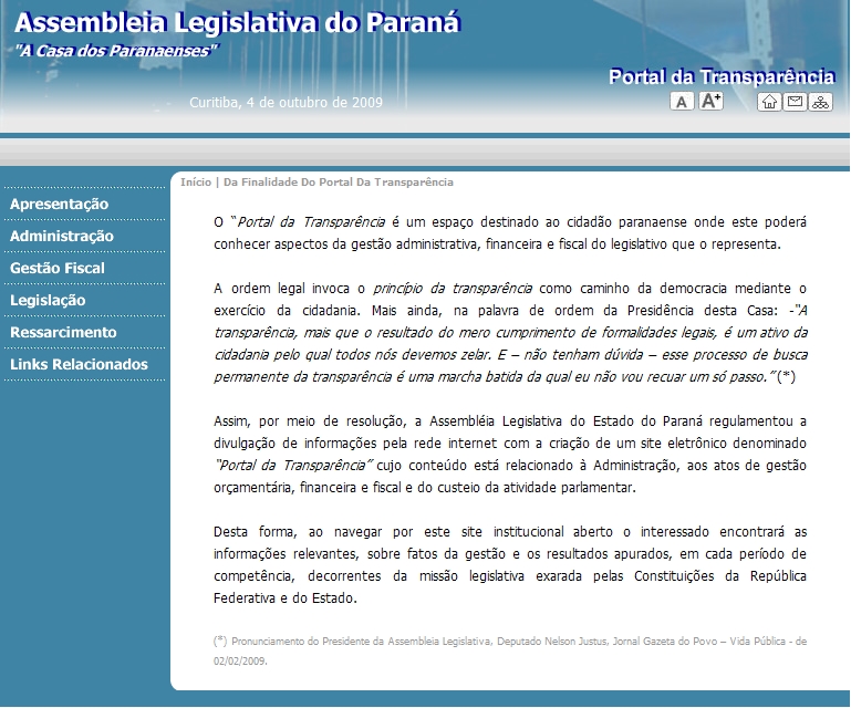 Capa do Portal da Transparência: apesar de o site ser considerado um avanço, informações disponíveis ainda estão longe de permitir controle social do Legislativo | Reprodução do site oficial