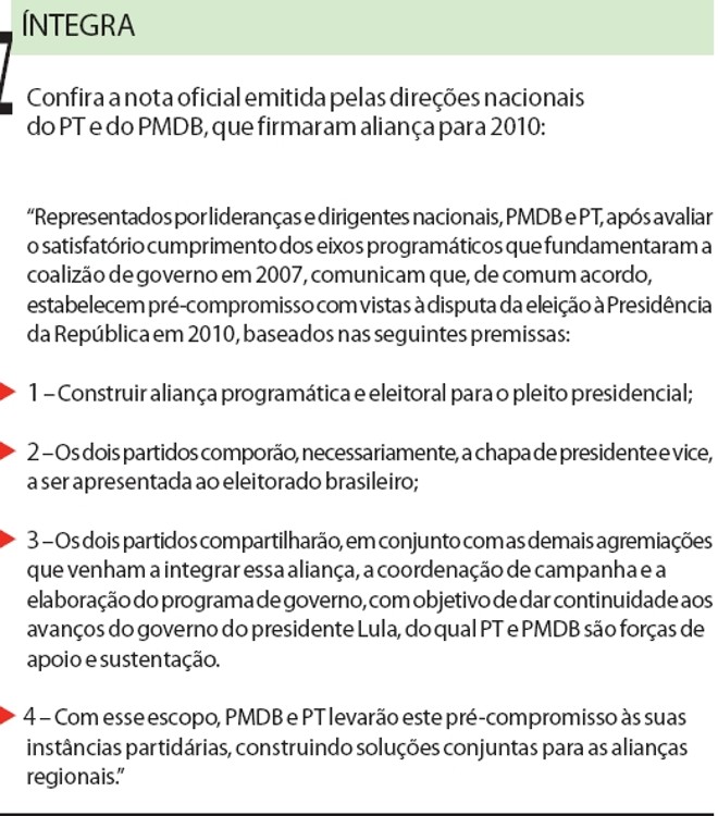 Confira na íntegra a nota oficial emitida pelas direções nacionais do PT e do PMDB |