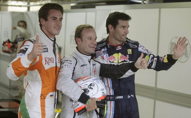 Rubinho é seguido no grid de largada pelo australiano Mark Webber (à direita) e pelo alemão Adrian Sutil (à esquerda) | 