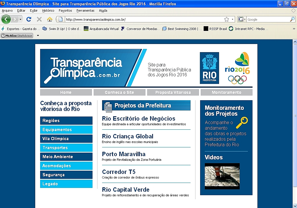 Imagem da página inicial do site Transparência Olímpica, lançado ontem no Rio | Reprodução/ Gazeta do Povo