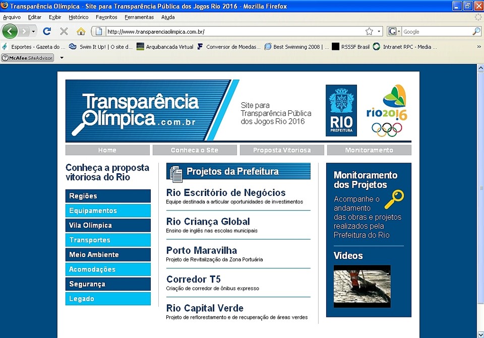 Imagem da página inicial do site Transparência Olímpica, lançado ontem no Rio | Reprodução/ Gazeta do Povo