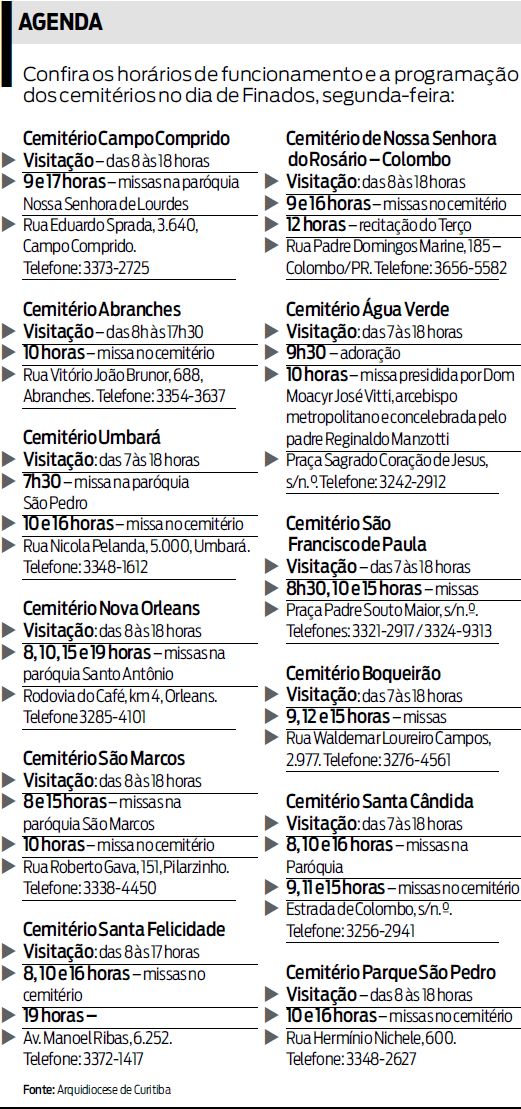 Confira os horários de funcionamentos e programação dos cemitérios |