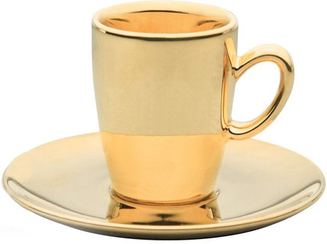 Decoração metalizada das xícaras Expresso Coffee Time, da linha Bazaar da Oxford. R$ 53,29 a xícara com pires na embalagem Bazaar | 