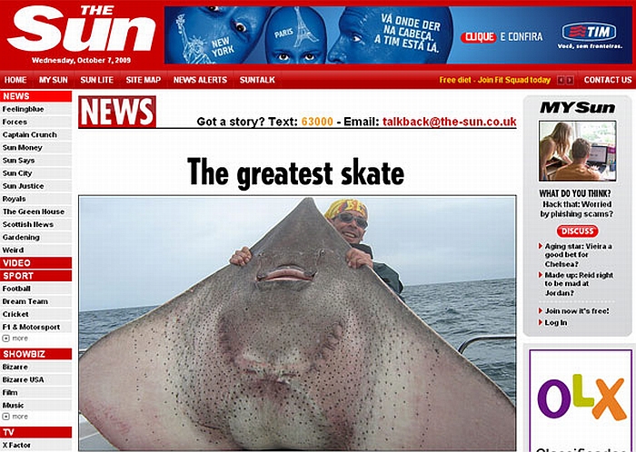 Arraia gigante mede mais de 1,80 metro, segundo pescador. | Reprodução/The Sun
