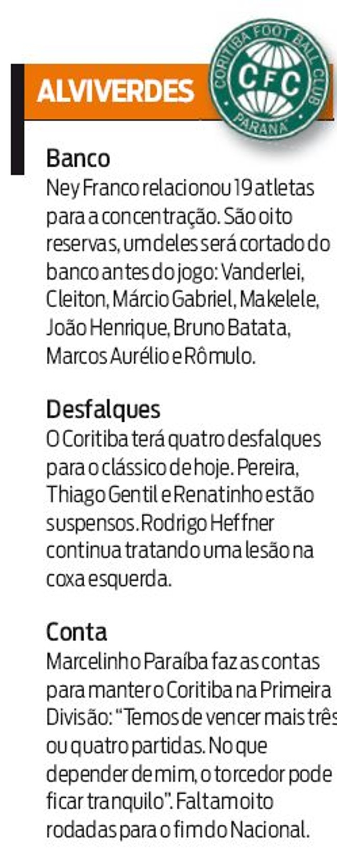 Veja como o Coritiba se preparou para o jogo | 