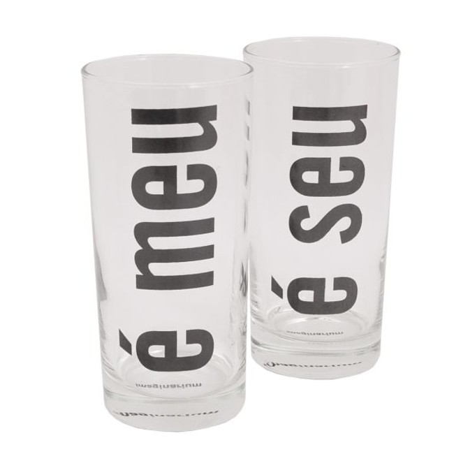 Copos É Meu É Seu. Duas unidades, em vidro. Custam R$ 27,90. À venda na Imaginarium | 