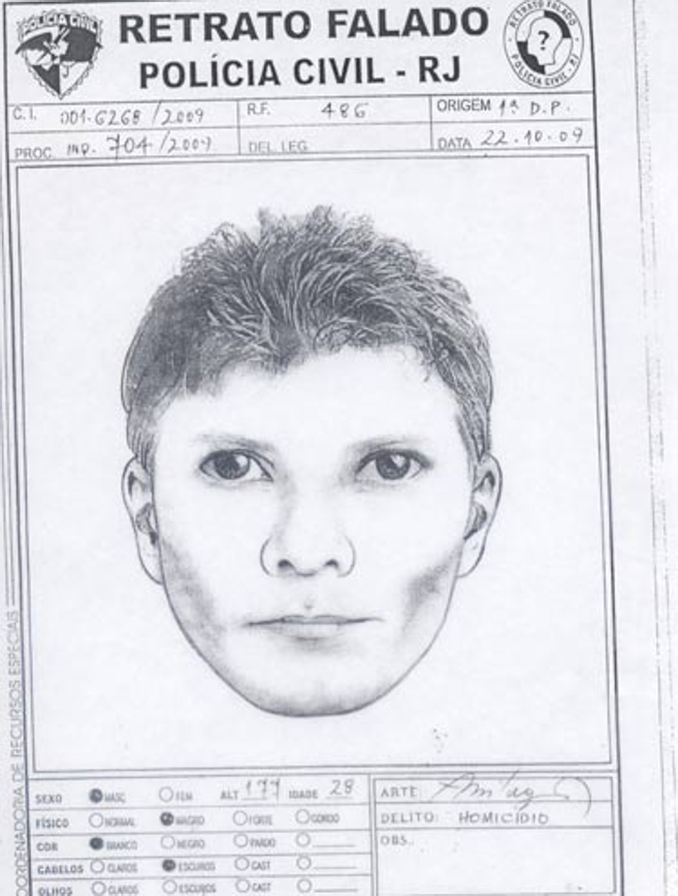 Polícia Civil divulgou o retrato falado de suspeito nesta quinta | Divulgação