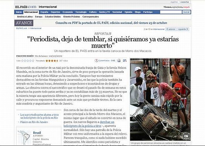 Reprodução do site do jornal "Él País", onde trabalha o jornalista ameaçado. Título da matéria dizia "jornalista, pare de tremer, se quiséssemos já teríamos te matado" | Reprodução
