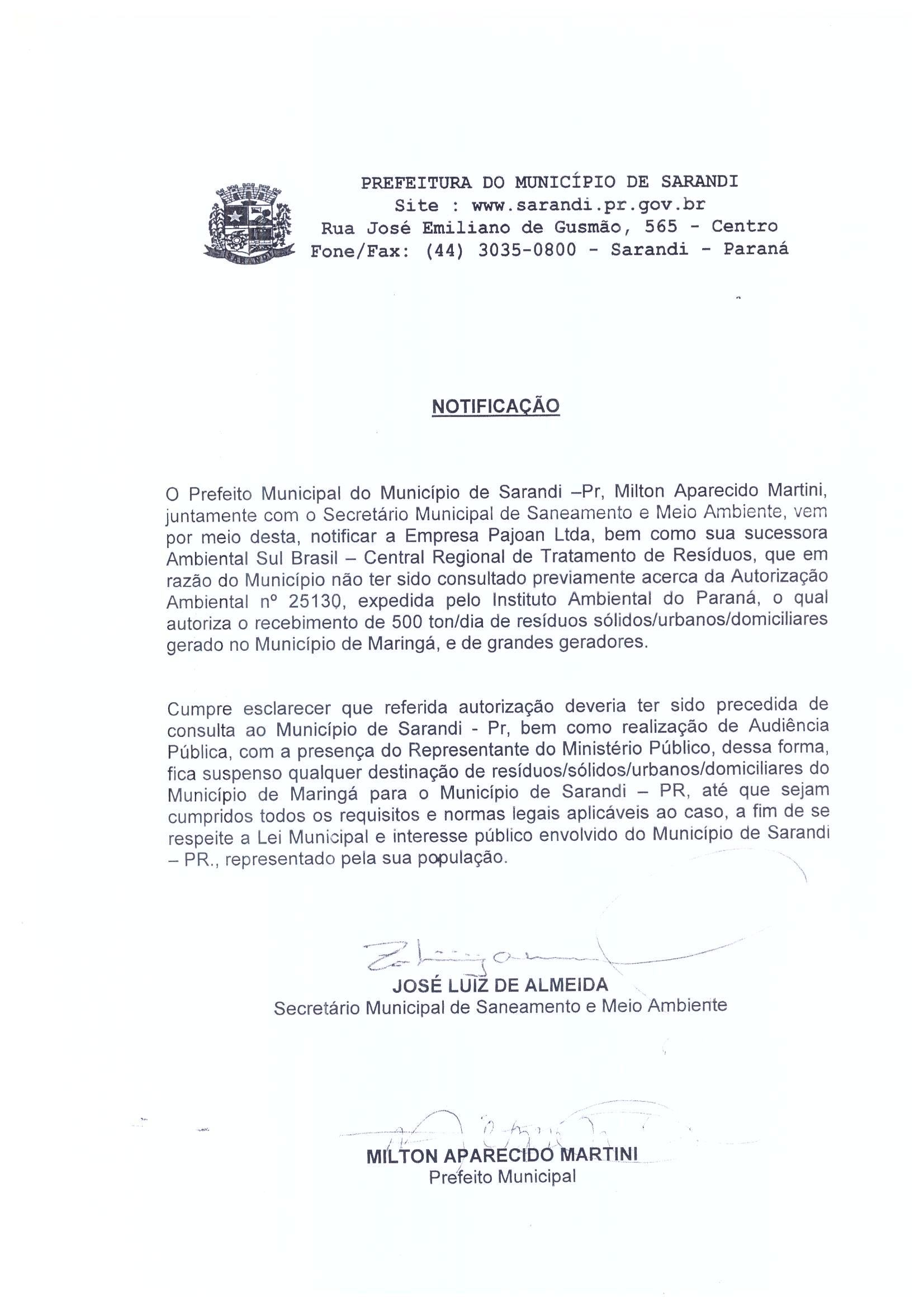 Leia na íntegra o documento assinado pelo prefeito de Sarandi |