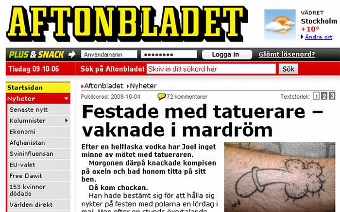Sueco acordou com tatuagem de pênis na perna | Reprodução/Aftonbladet