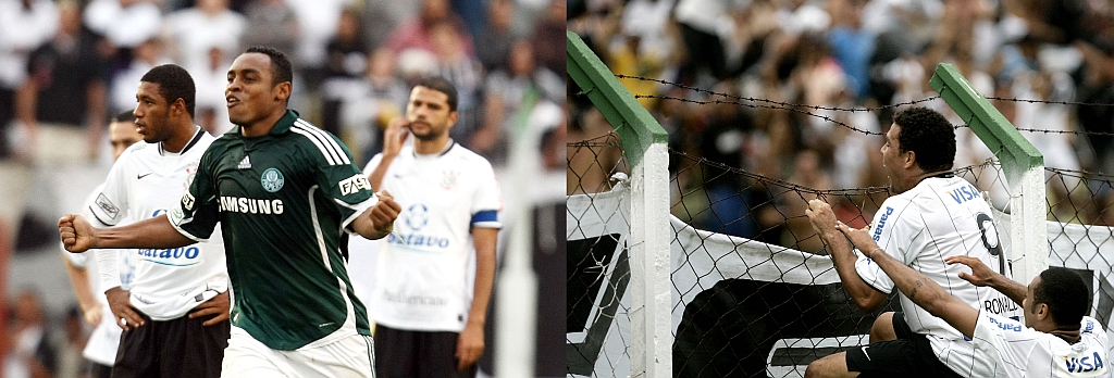 Obina comemora um de seus três gols contra o Corinthians pelo Brasileiro, enquanto Ronaldo celebra o primeiro no retorno ao Brasil, pelo Paulista, sobre o Palmeiras | Ernesto Rodrigues/AE e Cesar Greco/Foto Arena