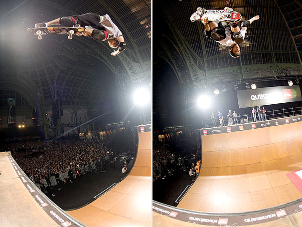 Sandro Dias (esquerda) e Tony Hawk voam alto no half pipe montado no Grand Palais | Divulgação