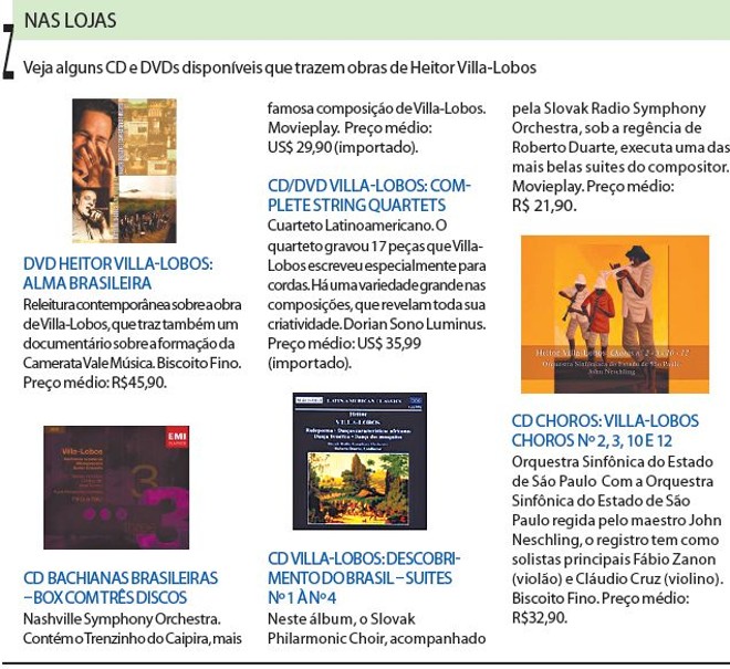 Veja alguns CD e DVDs disponíveis que trazem obras de Heitor Villa-Lobos |